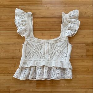 Zara Crochet Ruffled Sleeve Cropped Top Cream Size Medium EUC